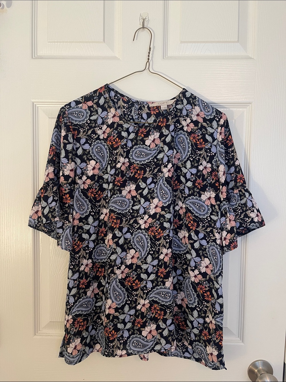 LOFT Navy Paisley & Floral Short Sleeve Blouse